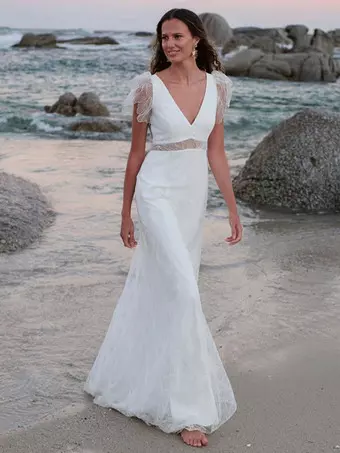 Boho Wedding Dress Sequins Ball Gown Natural Waist Wedding Dress Functional  Buttons Short Sleeves V-Neck White - Milanoo.com