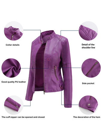 クラシックなジップアップフェイクレザーモトジャケット（スタンドカラー）レディース 2025