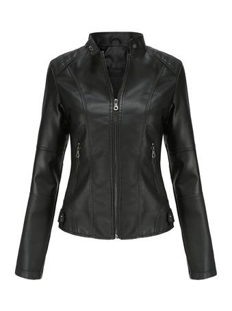 クラシックなジップアップフェイクレザーモトジャケット（スタンドカラー）レディース 2025