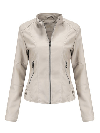 アイボリー クラシックなジップアップフェイクレザーモトジャケット（スタンドカラー）レディース 2025