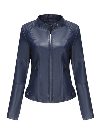 ディープブルークラシックなジップアップフェイクレザーモトジャケット（スタンドカラー）レディース 2025