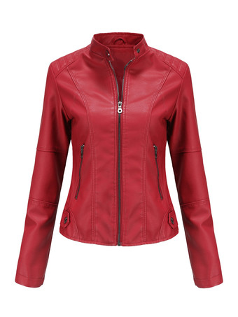 レッド クラシックなジップアップフェイクレザーモトジャケット（スタンドカラー）レディース 2025