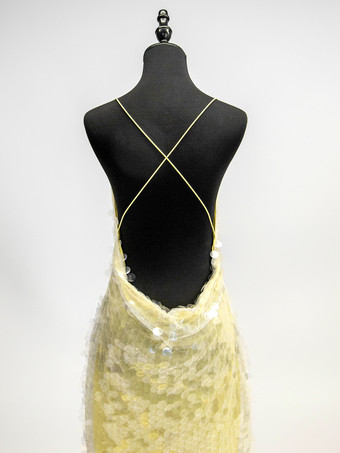 バターイエローのスパークリングスパンコールドレス、アシンメトリーヘム、Vネック、バックレス、シアーマキシマーメイドドレス（レディース、2025年）