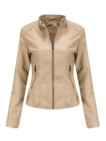 ライト アプリコットクラシックなジップアップフェイクレザーモトジャケット（スタンドカラー）レディース 2025