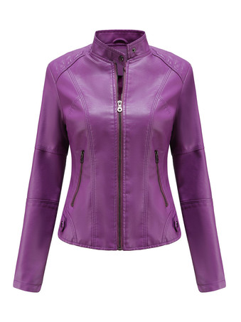 パープル クラシックなジップアップフェイクレザーモトジャケット（スタンドカラー）レディース 2025