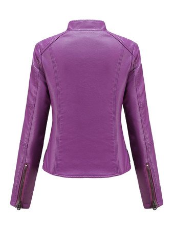 クラシックなジップアップフェイクレザーモトジャケット（スタンドカラー）レディース 2025