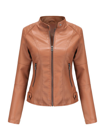 ラクダ色 クラシックなジップアップフェイクレザーモトジャケット（スタンドカラー）レディース 2025