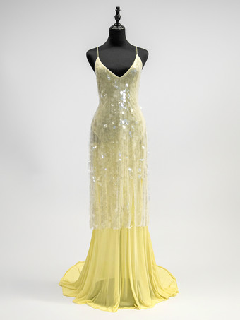 バターイエローのスパークリングスパンコールドレス、アシンメトリーヘム、Vネック、バックレス、シアーマキシマーメイドドレス（レディース、2025年）