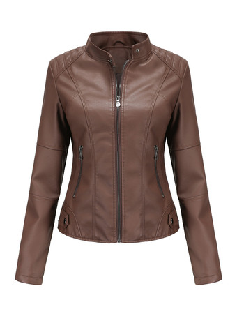 ディープブラウンクラシックなジップアップフェイクレザーモトジャケット（スタンドカラー）レディース 2025