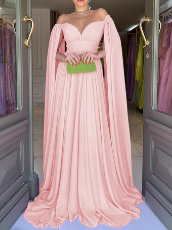 ホットピンクイブニングドレス Aライン スウィートハートネック シフォン トレーン付き プリーツ 社交パーティードレス