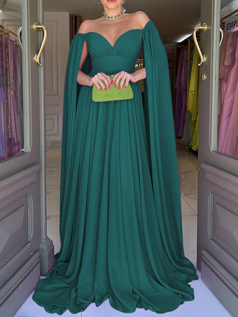 ダークグリーンイブニングドレス Aライン スウィートハートネック シフォン トレーン付き プリーツ 社交パーティードレス