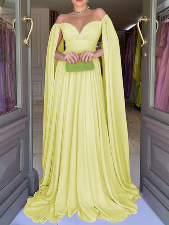 スイセン色イブニングドレス Aライン スウィートハートネック シフォン トレーン付き プリーツ 社交パーティードレス