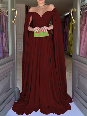 バーガンディーイブニングドレス Aライン スウィートハートネック シフォン トレーン付き プリーツ 社交パーティードレス