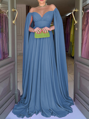スレートグレー イブニングドレス Aライン スウィートハートネック シフォン トレーン付き プリーツ 社交パーティードレス