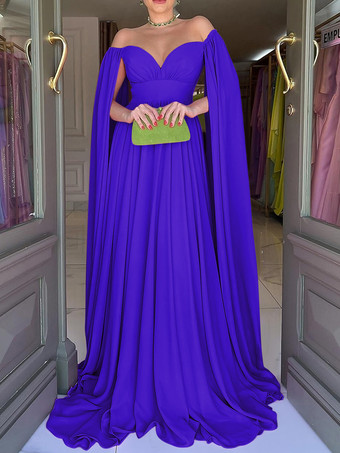ロイヤルブルーイブニングドレス Aライン スウィートハートネック シフォン トレーン付き プリーツ 社交パーティードレス