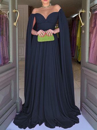 ダークネイビーイブニングドレス Aライン スウィートハートネック シフォン トレーン付き プリーツ 社交パーティードレス