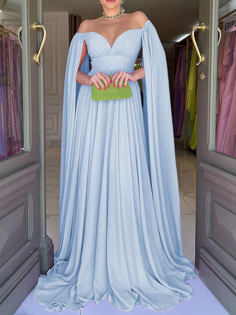 ベビーブルーイブニングドレス Aライン スウィートハートネック シフォン トレーン付き プリーツ 社交パーティードレス