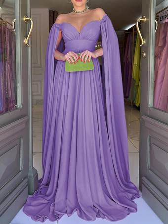 ラベンダーイブニングドレス Aライン スウィートハートネック シフォン トレーン付き プリーツ 社交パーティードレス