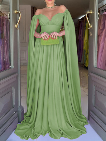 セージグリーンイブニングドレス Aライン スウィートハートネック シフォン トレーン付き プリーツ 社交パーティードレス