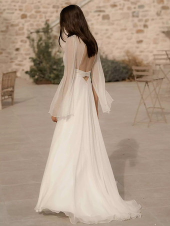 シンプルなウェディングドレス ボールガウン Vネック 長袖 ボタン付き ブライダルドレス