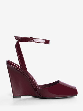 ブラックウェッジパンプス、ピープトゥ、アンクルストラップ、ウェッジシューズ（レディース）