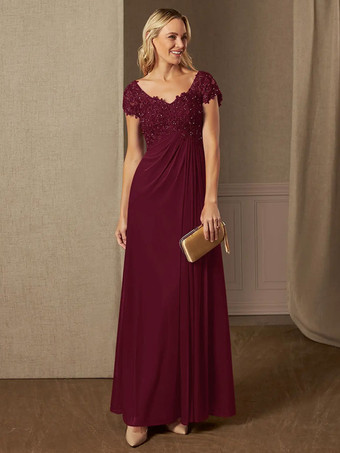 バーガンディーパーティードレス 花嫁の母用 Vネック 半袖 Aライン レース ウェディングゲストドレス
