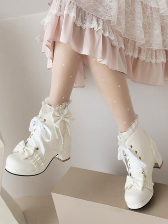 【安心保証】甘いロリータ ブーツ ホワイト ボウ フリル ラウンド トゥ PU レザー ロリータ シューズ