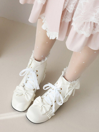【安心保証】甘いロリータ ブーツ ホワイト ボウ フリル ラウンド トゥ PU レザー ロリータ シューズ