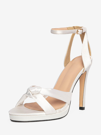 ウェディングシューズ プロムシューズ オープントゥ アンクルストラップ ブライダルシューズ サテン ホワイト