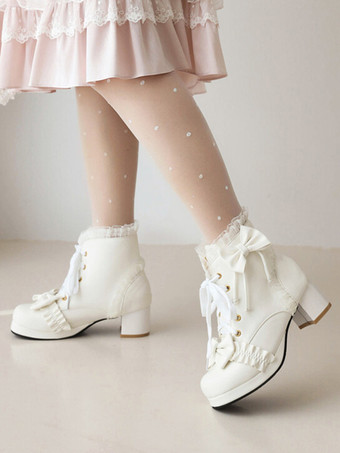【安心保証】甘いロリータ ブーツ ホワイト ボウ フリル ラウンド トゥ PU レザー ロリータ シューズ