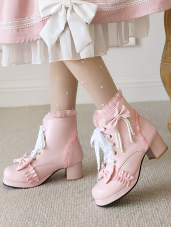 ピンク【安心保証】甘いロリータ ブーツ ホワイト ボウ フリル ラウンド トゥ PU レザー ロリータ シューズ
