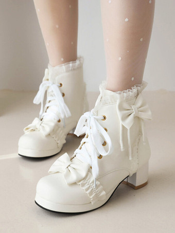 ホワイト 【安心保証】甘いロリータ ブーツ ホワイト ボウ フリル ラウンド トゥ PU レザー ロリータ シューズ