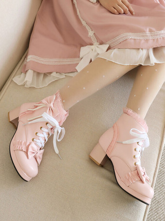 【安心保証】甘いロリータ ブーツ ホワイト ボウ フリル ラウンド トゥ PU レザー ロリータ シューズ