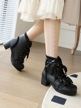 【安心保証】甘いロリータ ブーツ ホワイト ボウ フリル ラウンド トゥ PU レザー ロリータ シューズ