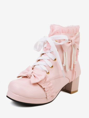 【安心保証】甘いロリータ ブーツ ホワイト ボウ フリル ラウンド トゥ PU レザー ロリータ シューズ