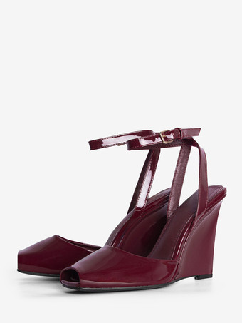 ブラックウェッジパンプス、ピープトゥ、アンクルストラップ、ウェッジシューズ（レディース）