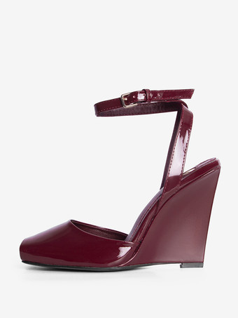 ブラックウェッジパンプス、ピープトゥ、アンクルストラップ、ウェッジシューズ（レディース）