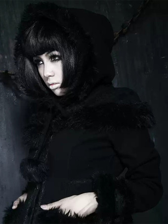 ゴシックロリータコート ブラックコート ポンポン オーバーコート ポリエステル 秋 ロリータ アウター