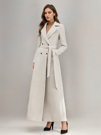 ホワイト ロングライン ウールコート ノッチドラペル ダブルブレスト ベルト付き 冬用 フルレングス アウターウェア レディース 2025