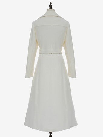 ホワイト ロングライン ウールコート ノッチドラペル ダブルブレスト ベルト付き 冬用 フルレングス アウターウェア レディース 2025