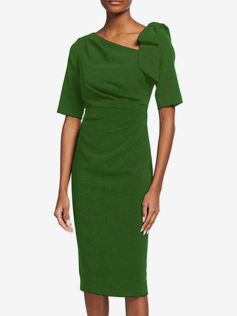 Vert Robe de mère de mariée robe d'invitée de mariage décolleté demi manches au genou