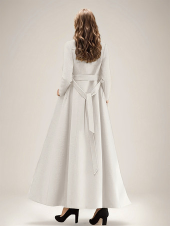 ホワイト ロングライン ウールコート ノッチドラペル ダブルブレスト ベルト付き 冬用 フルレングス アウターウェア レディース 2025