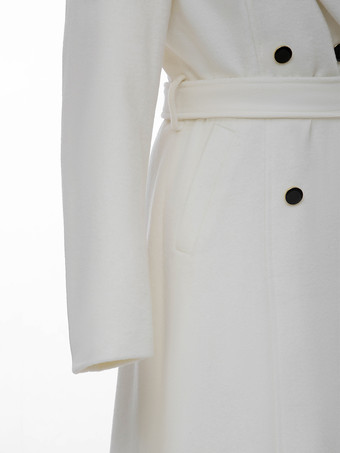 ホワイト ロングライン ウールコート ノッチドラペル ダブルブレスト ベルト付き 冬用 フルレングス アウターウェア レディース 2025