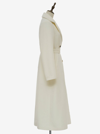 ホワイト ロングライン ウールコート ノッチドラペル ダブルブレスト ベルト付き 冬用 フルレングス アウターウェア レディース 2025