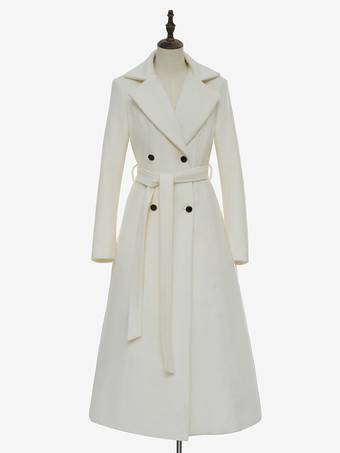 ホワイト ロングライン ウールコート ノッチドラペル ダブルブレスト ベルト付き 冬用 フルレングス アウターウェア レディース 2025