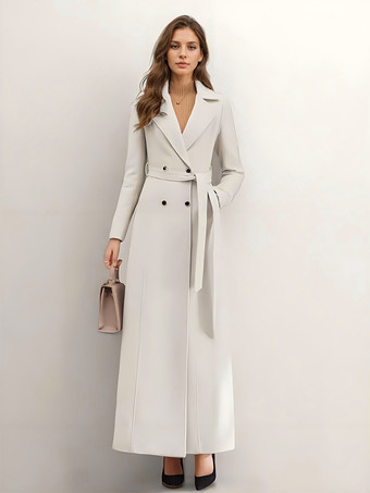 ホワイト ロングライン ウールコート ノッチドラペル ダブルブレスト ベルト付き 冬用 フルレングス アウターウェア レディース 2025