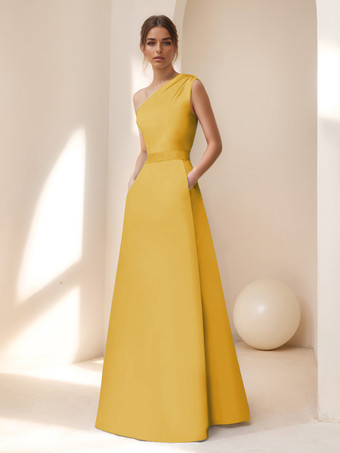 ゴールド ブライダルマザードレス デザインネックライン ノースリーブ Aライン サッシュ フロアレングス ゲストドレス 結婚式用