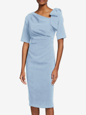 Bleu ClairRobe de mère de mariée robe d'invitée de mariage décolleté demi manches au genou