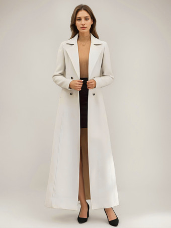 ホワイト ロングライン ウールコート ノッチドラペル ダブルブレスト ベルト付き 冬用 フルレングス アウターウェア レディース 2025