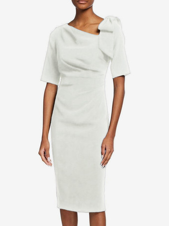 Blanc Robe de mère de mariée robe d'invitée de mariage décolleté demi manches au genou